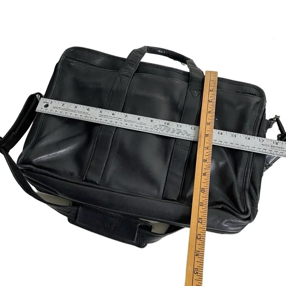 TUMI Black Leather Bag Laptop Multi Pockets Zippers Top Handles Shoulder Strap